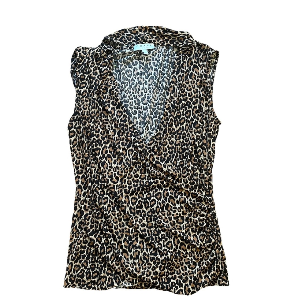 Vintage Chaus Cheetah Print Wrap Blouse Sleeveless, Size Large